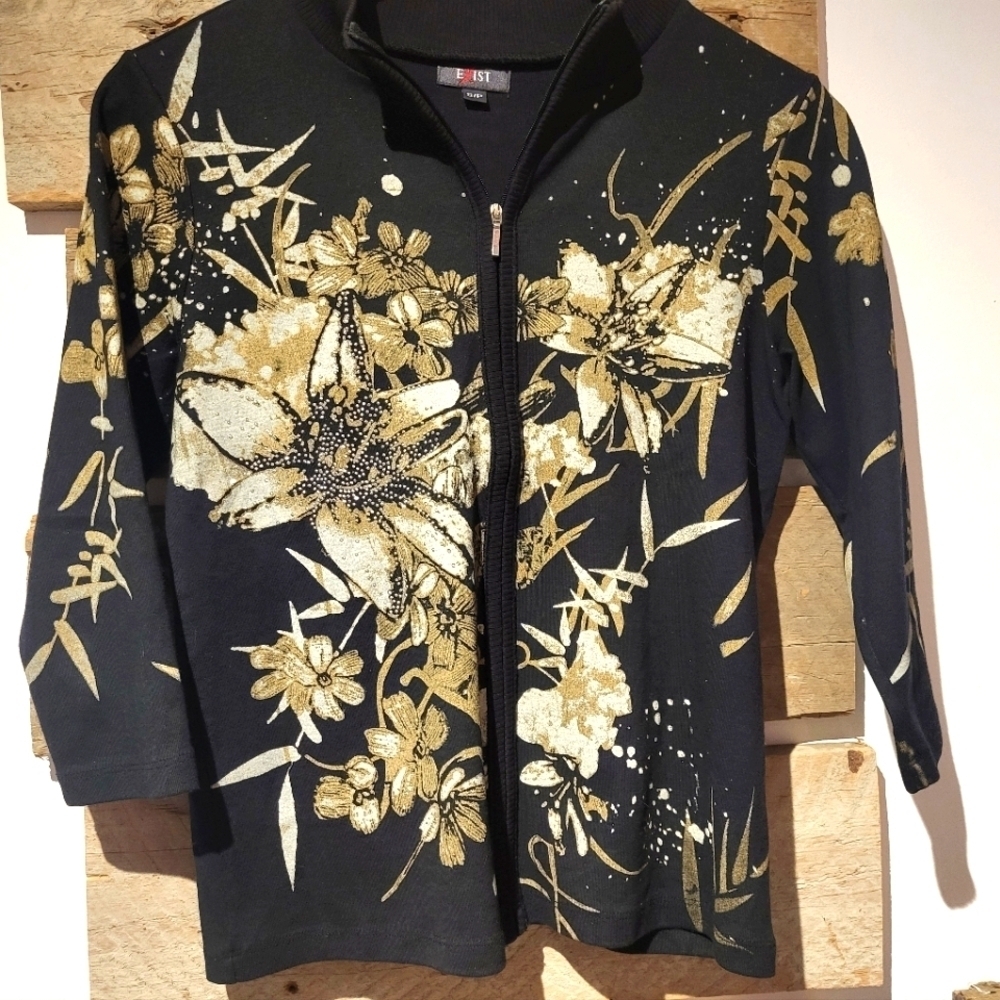 Exist - Black and Gold Floral Zip-Up Jacket